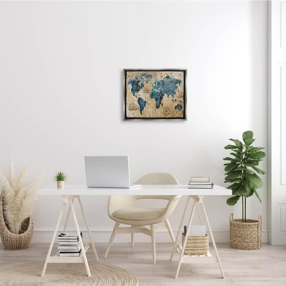 Stupell Industries Vintage Abstract World Map Design Gray Floater Framed Canvas Wall Art, 16 x 20
