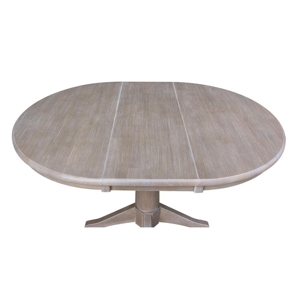 36" Magnolia Round Top Dining Table with 12" Leaf Washed Gray Taupe - International Concepts: Hardwood Pedestal Base, Seats 4
