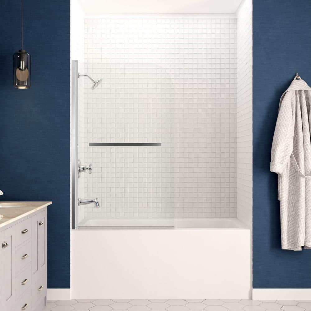 Myth 28 in. W x 56 in. H Hinged Frameless Tub Door with Tsunami Guard Technology