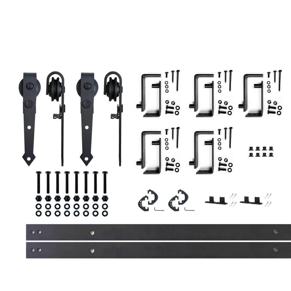 Homacer Black Rustic Double Track U-Shape Bypass Sliding Barn Door Hardware Kit, for Two/Double Doors, 7ft Long Flat Track, Arrow Design Roller, Heavy Duty, for Interior & Exterior Use