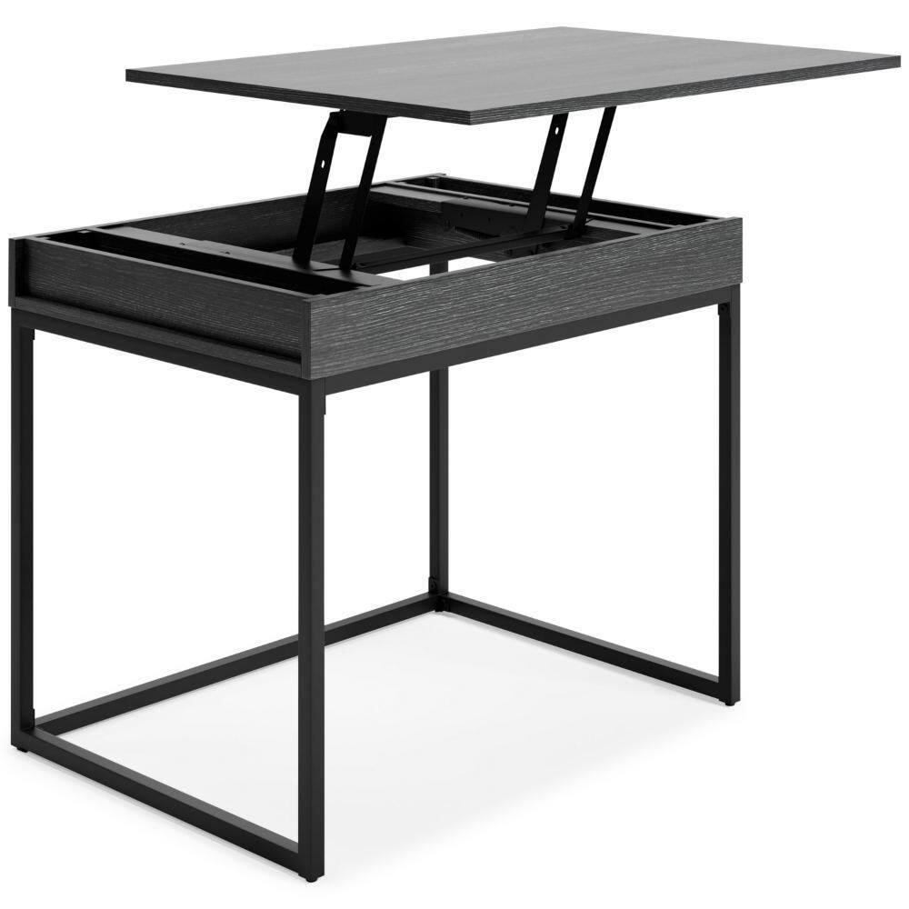 Benjara Yasmin Home Office Lift Top Desk, Dark Gray Wood, Black Metal, 36 Inch