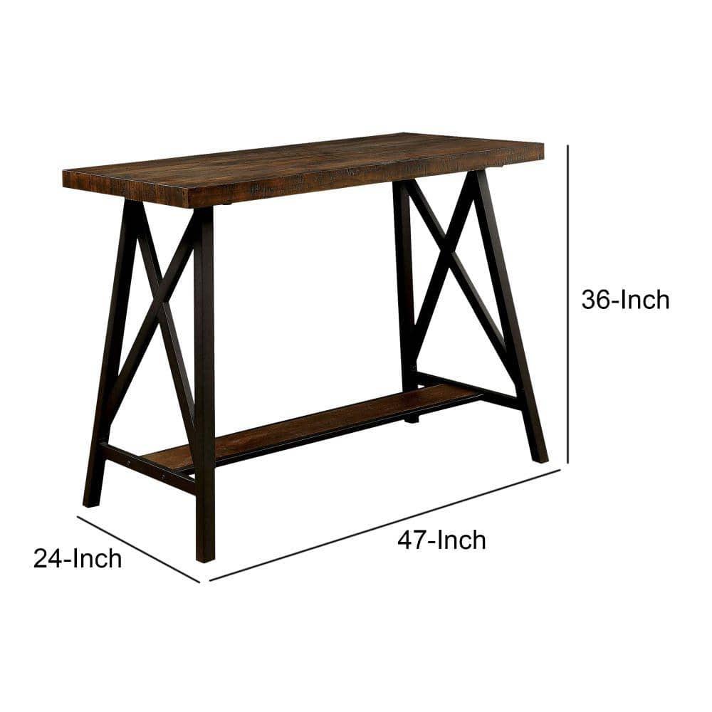 Benzara Wooden Counter Height Table With Angled Metal Legs, Black And Brown
