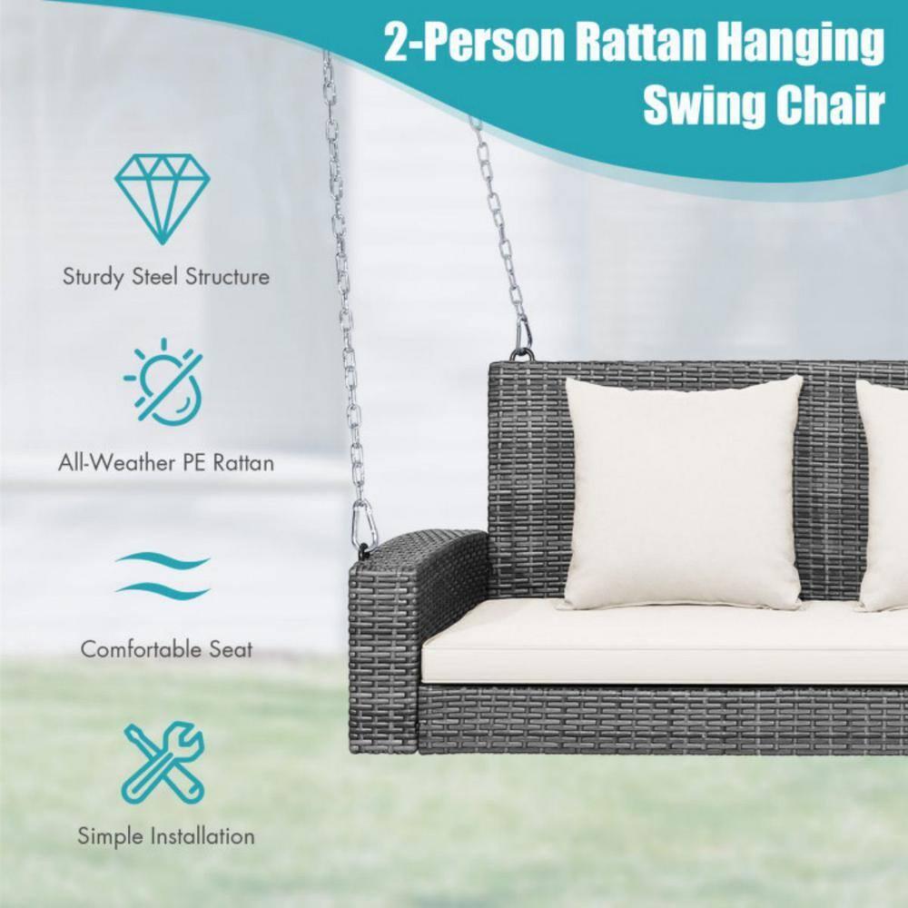 Kadyn Patio Swing Chair, Outdoor Swing Bench,2-Person Patio PE Wicker Hanging Porch Swing Bench Chair Cushion 800 Pounds-White