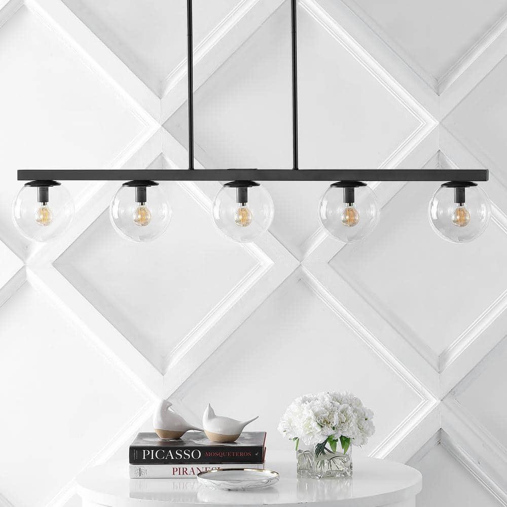 JONATHAN Y Luca Parisian 45.5" 5-Light Modern Glam Iron Globe Linear LED Pendant, Black/Clear