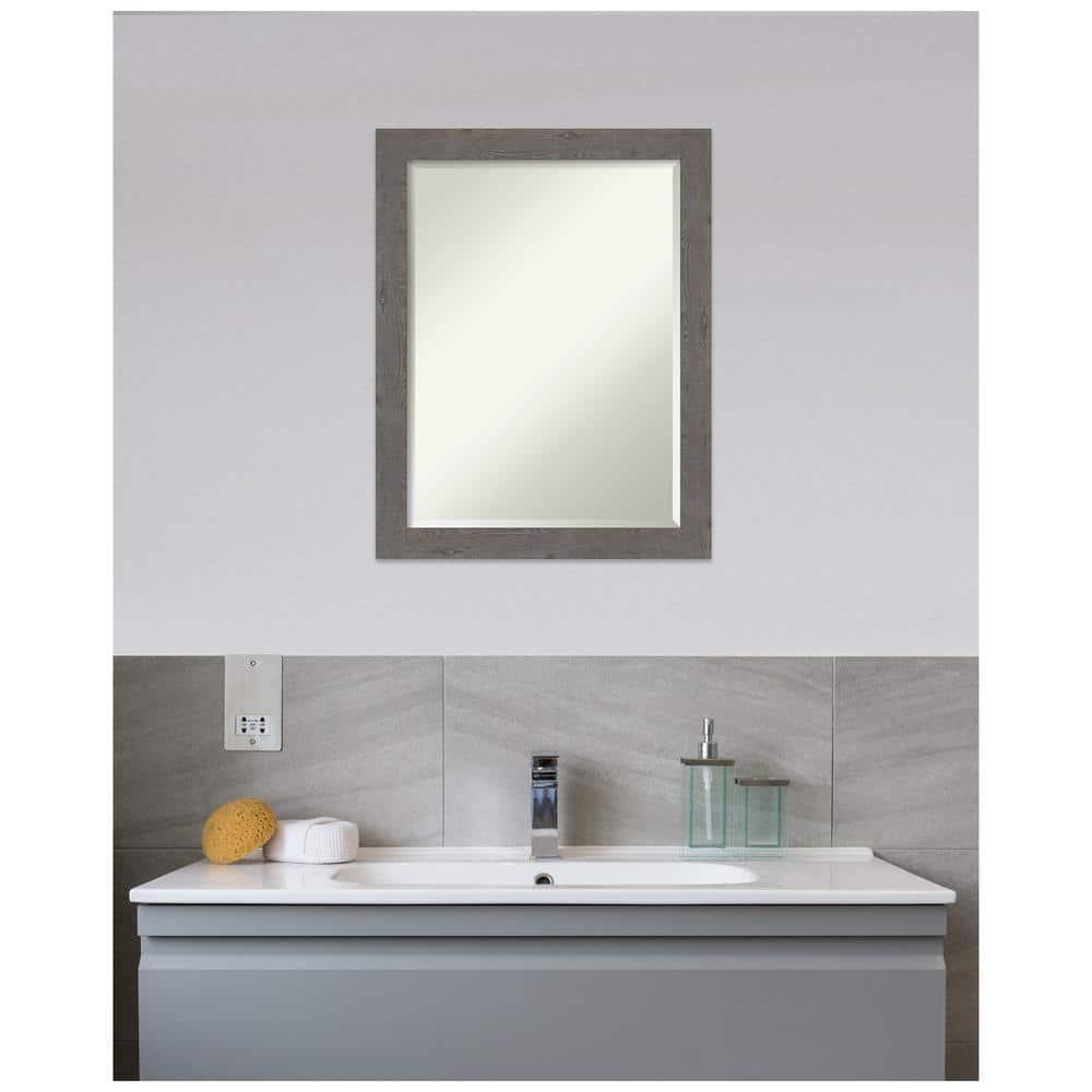 Amanti Art Beveled Bathroom Wall Mirror - Rustic Plank Grey Narrow Frame Outer Size: 21 x 27 in