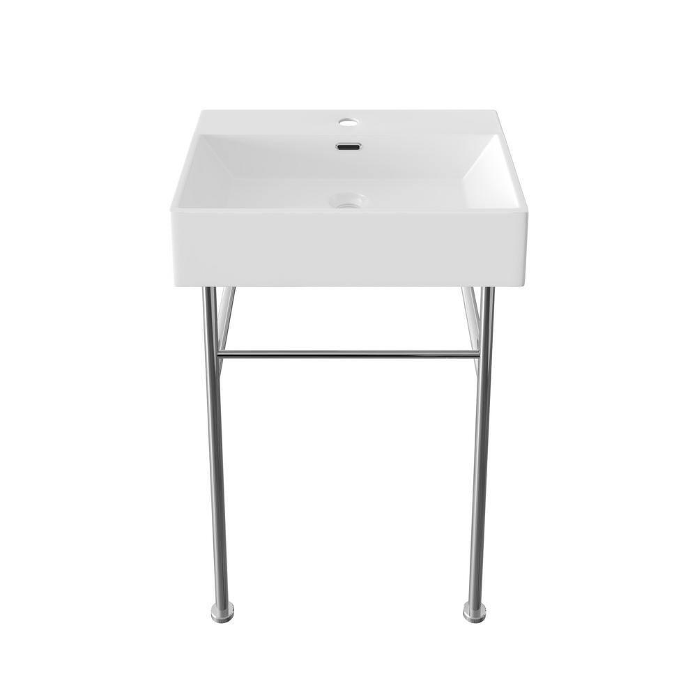 Ceramic White Rectangular Single Faucet Hole 24 in Console Bathroom Sink with Overflow
