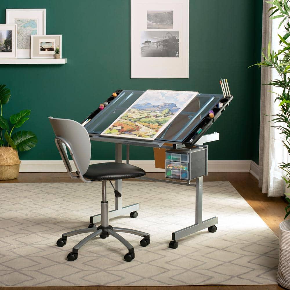 Inbox Zero Craddock Adjustable Glass Top Metal Base Drafting Table