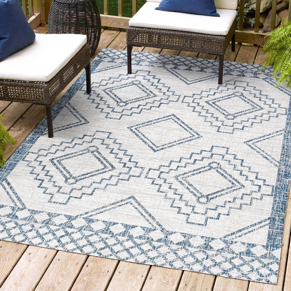 3'x5' Marokko Diamond  Medallion Indoor/Outdoor Area Rug, Ivory/Blue - JONATHAN Y