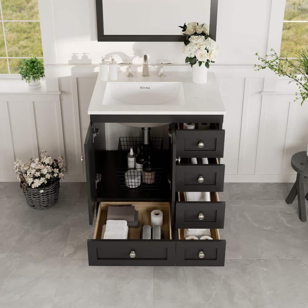 Eviva Acclaim C. 28" Transitional Espresso Bathroom Vanity with White Carrara Quartz Countertop