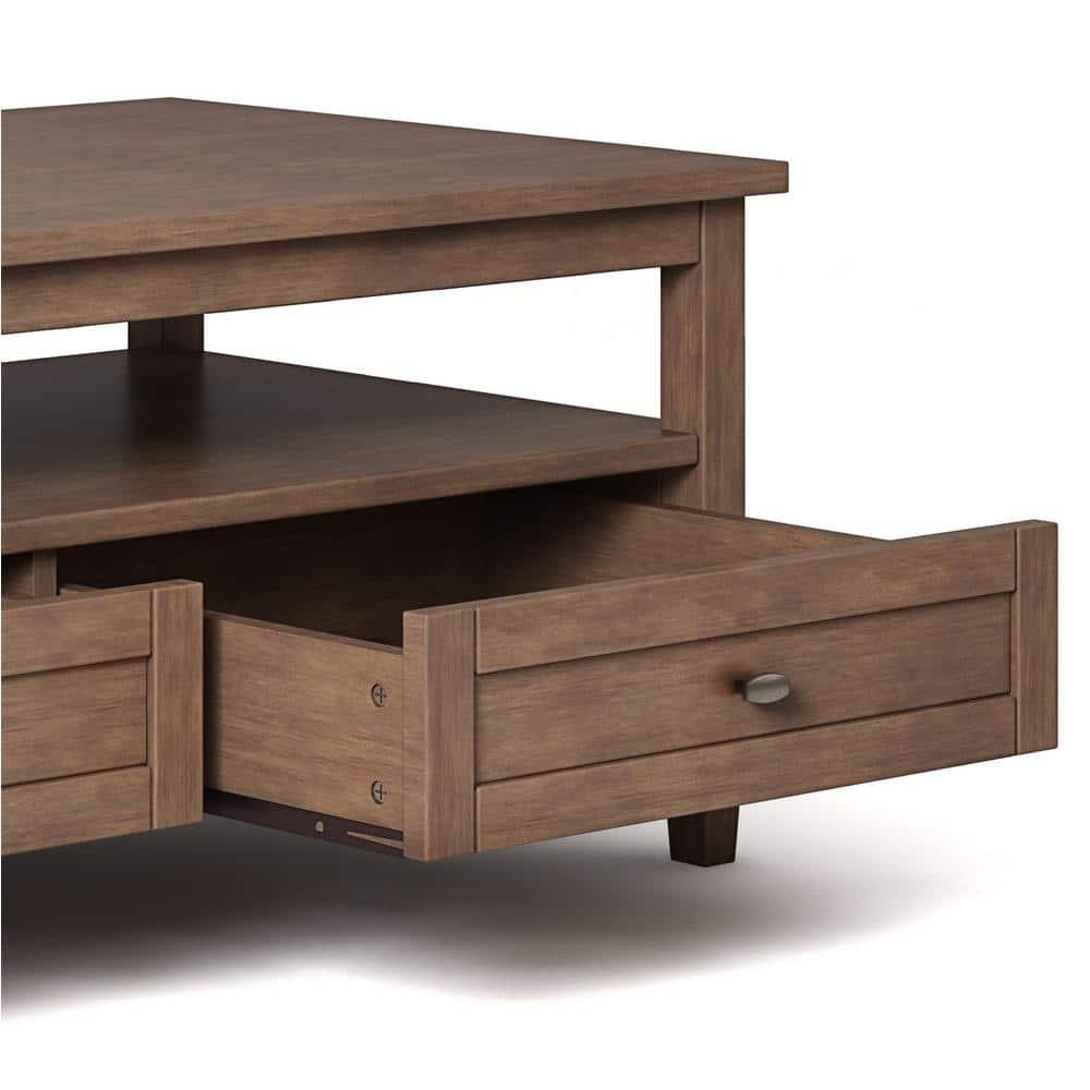 Simpli Home Warm Shaker 48"W Solid Wood Coffee Table with Two Storage Drawers and Open Shelf