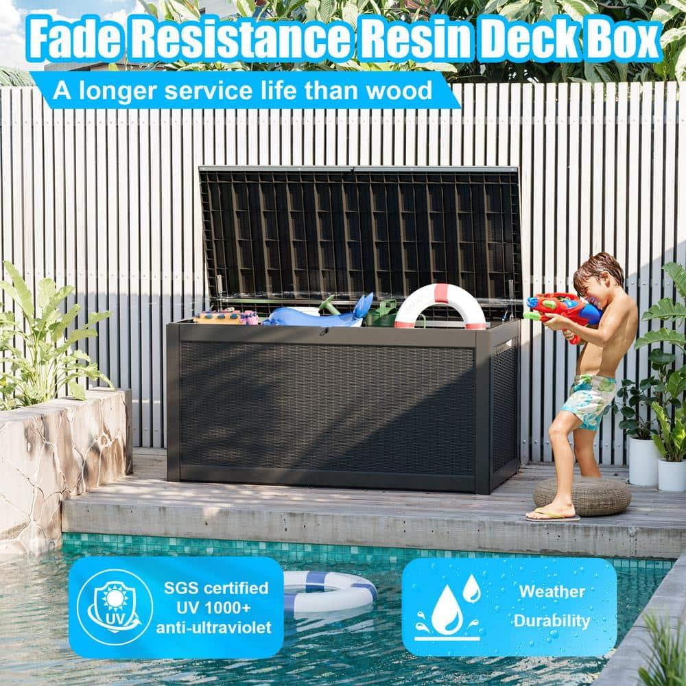 260 Gallon Resin Deck Box, Large Indoor and Outdoor Storage Box, Weatherproof and UV Resistant Outdoor Storage Box with Built-in Steel Beams for Patio Cushions, Pool Supplies