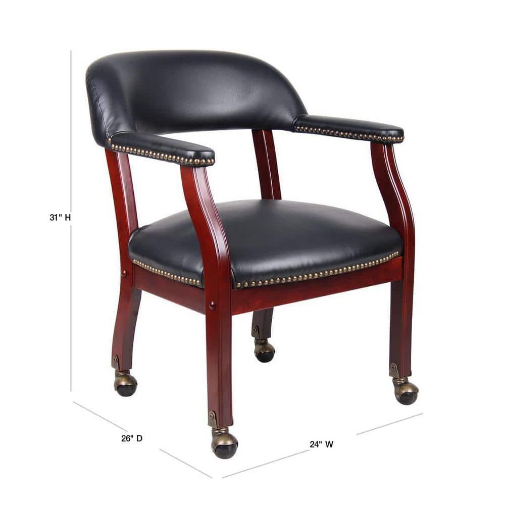 Captain's Chair with Casters Black - Boss Office Products: Mahogany Base, Vinyl Upholstery, Brass Castors