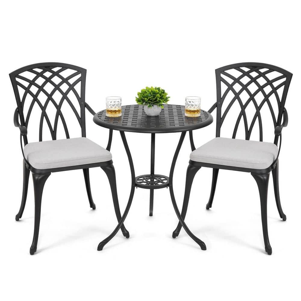 Black Cast Aluminum 3-Piece Bistro Set with Grey Cushions