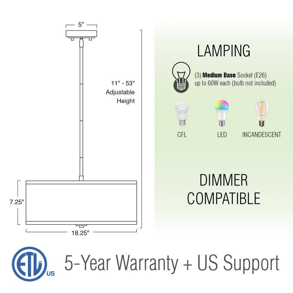 Kira Home Nolan 18" Drum Pendant Chandelier, White Fabric Shade, Round Glass Diffuser, Adjustable Height, Cool Brass