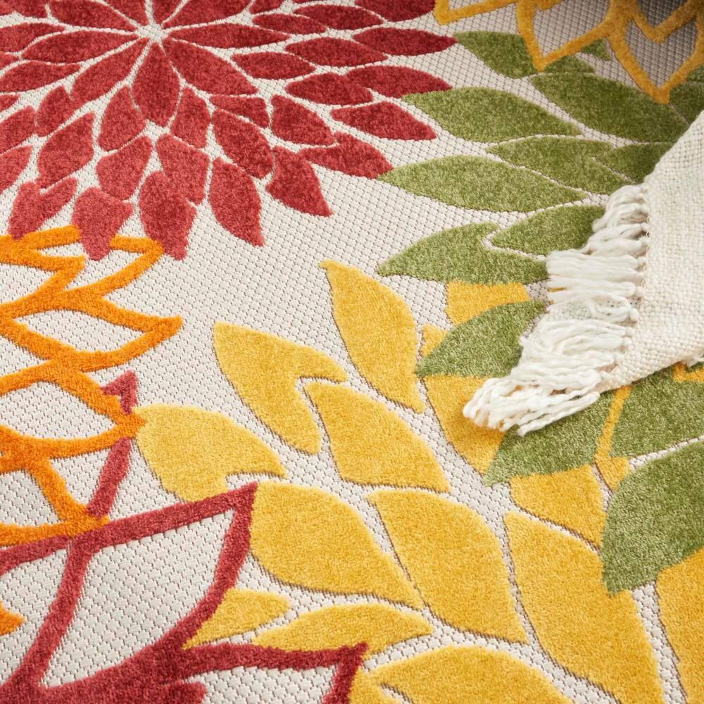 Nourison Aloha Floral Bloom Flatweave High-Low Indoor Outdoor Round Rug Red Multi Colored 5'3" x 5'3"