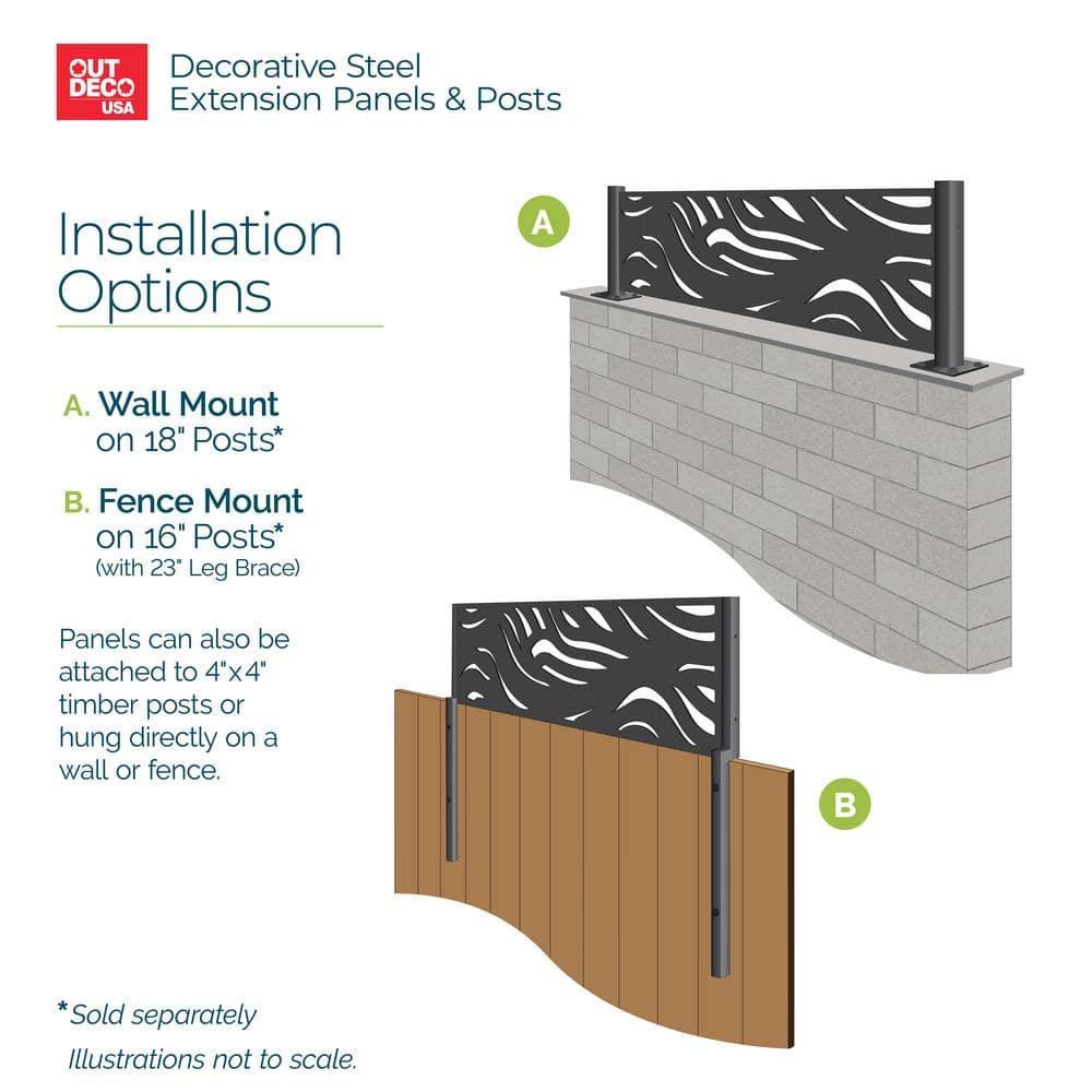 OUTDECO 16"x72" Waves Galvanized Steel Wall and Fence Extension Privacy Panel, Black