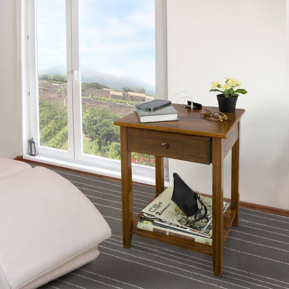 Casual Home Solid Wood Night Owl Bedside Nightstand with USB Ports, Warm Brown