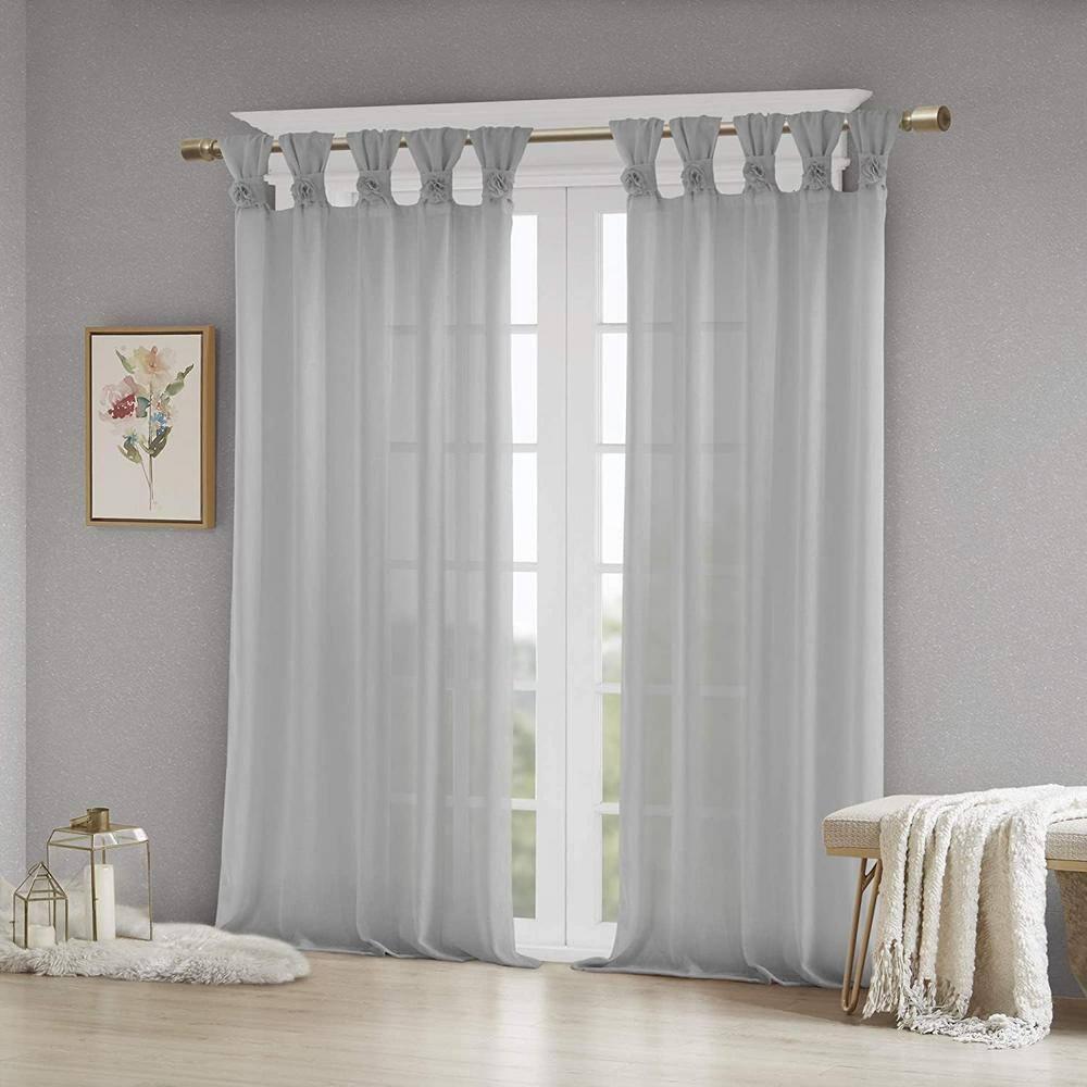Madison Park Rosette Floral Embellished Cuff Tab Top Solid Single Curtain Panel