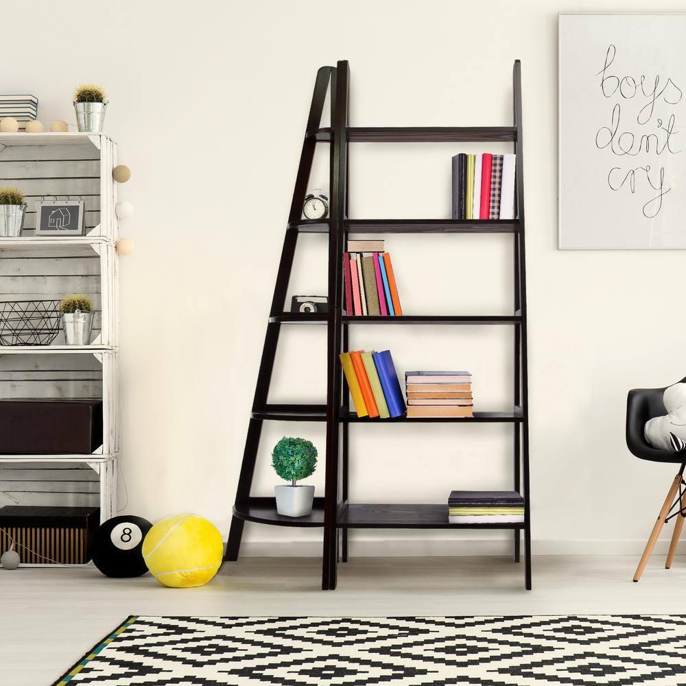 Casual Home 5-Shelf Corner Ladder Bookcase-Finish:Espresso