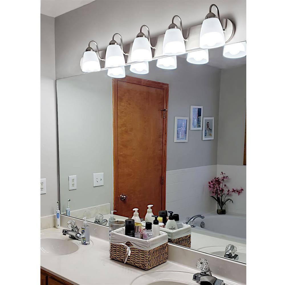 Kira Home Armada 37" 5-Light Over Mirror / Bathroom Light, Frosted Glass Shades, Curved Arms, Brushed Nickel