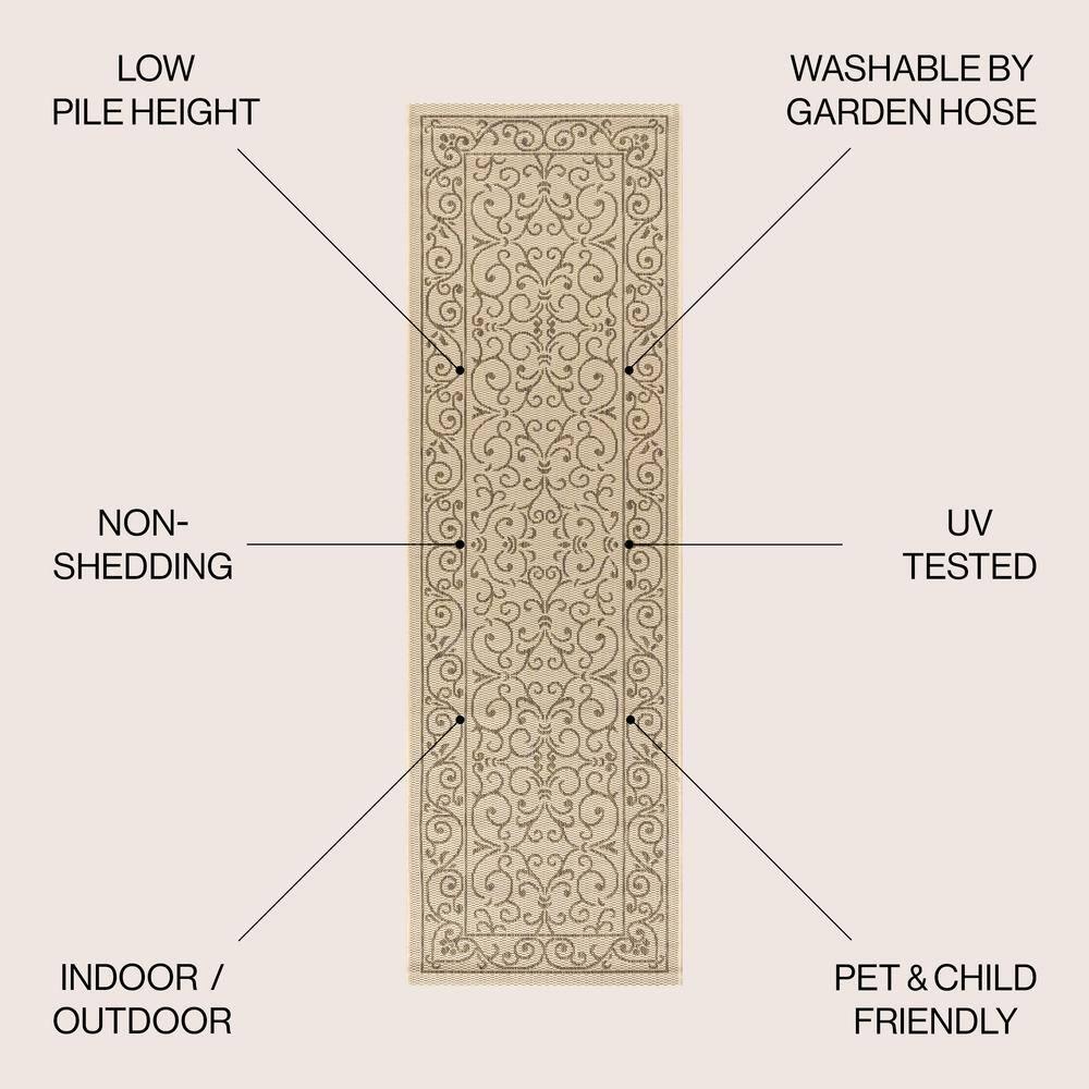 2' X 10' Charleston Vintage Filigree Textured Weave Indoor/Outdoor Runner Rug, Beige/Brown - JONATHAN Y