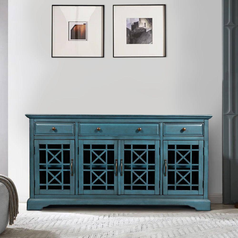 Benzara Koi 60 Inch Acacia Wood TV Media Entertainment Center Console, 4 Glass Doors, Crossed Wood Design, Antique Blue-Finish:Antique Turquoise
