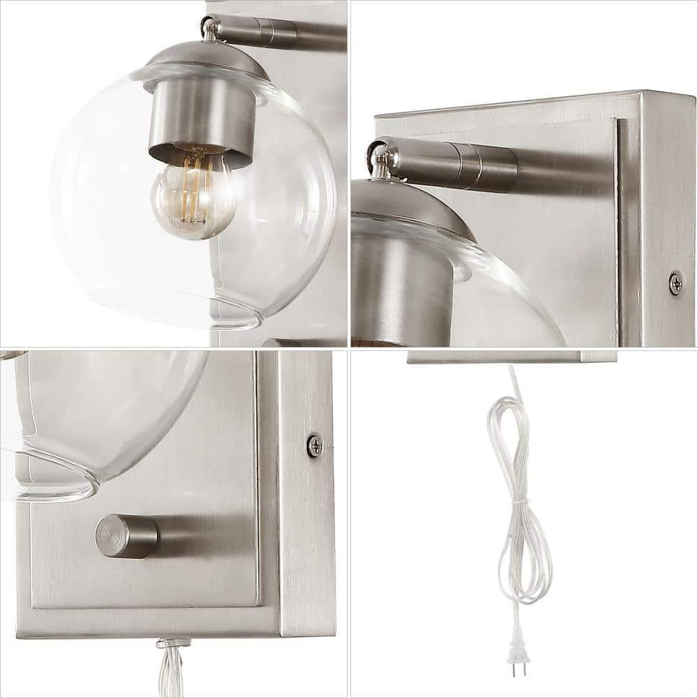 Hugo 6" 1-Light Minimalist Modern Plug-In or Hardwired Adjustable Iron LED Wall Sconce with Rotary Dimmer, Nickel with Clear Globe