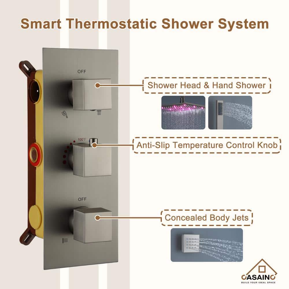 CASAINC LED Thermostatic Dual Shower Heads Ceiling Mount Fixed and Handheld Shower Head