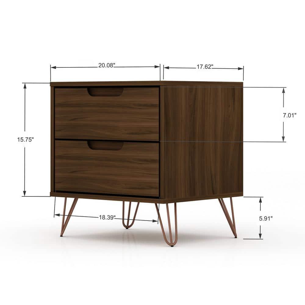 Set of 2 Rockefeller 2 Drawer Nightstands Brown - Manhattan Comfort: Mid-Century Design, Metal Legs, MDF Construction