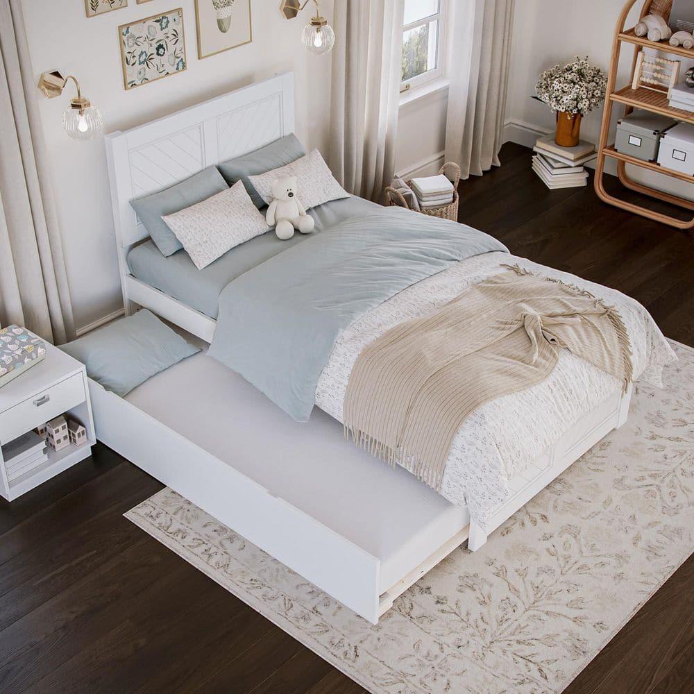 HAOYUN Canyon Twin XL Farmhouse Solid Wood Platform Bed with Footboard & Twin XL Trundle, White