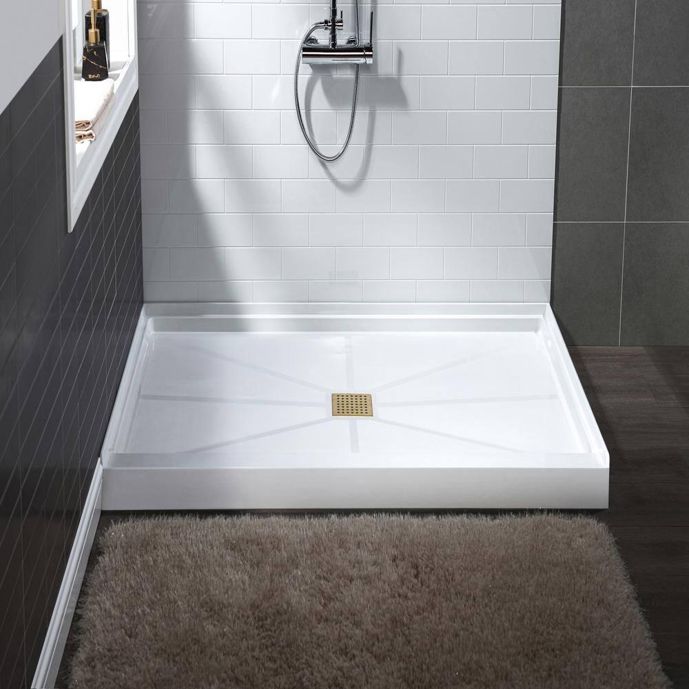 36" Solid Surface Square Single Threshold Shower Pan Base with Drain Assembly & Drain Cover Included, Non-Slip