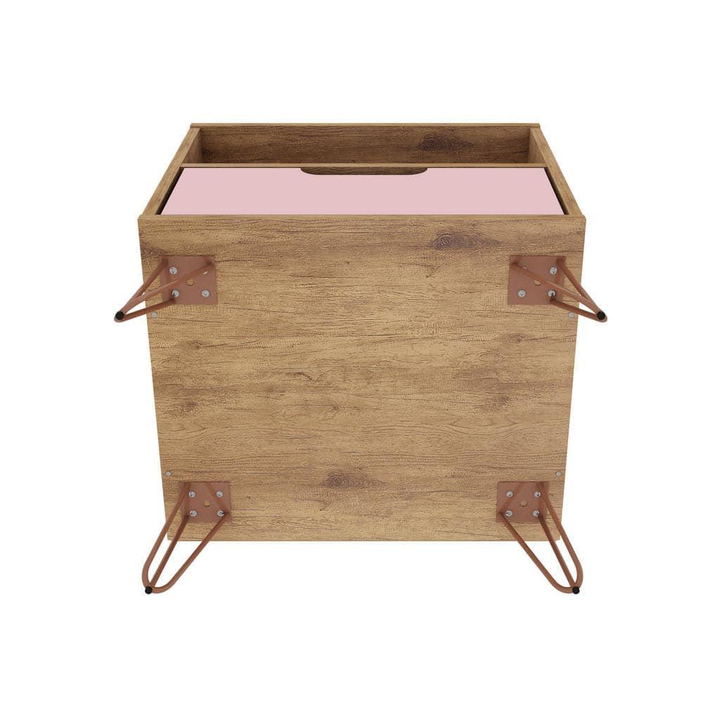 Set of 2 Rockefeller 1 Drawer Nightstands Nature/Rose Pink - Manhattan Comfort: Mid-century Design, Metal Legs, MDF