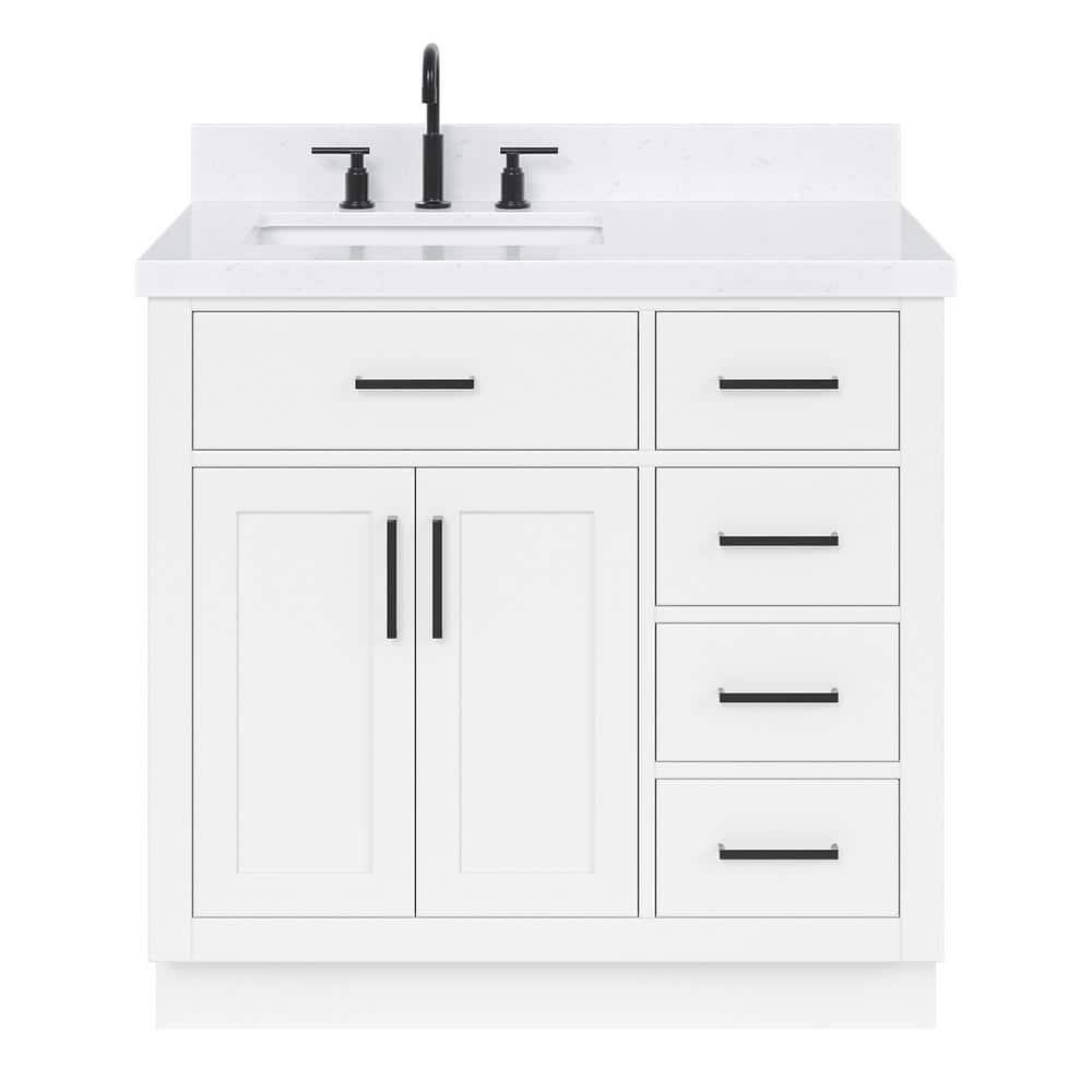 Wildon Home® Tidworth 36'' Solid Wood Single Bathroom Vanity with 1.5'' Carrara Quartz Top, Right Offset Rectangular Sink