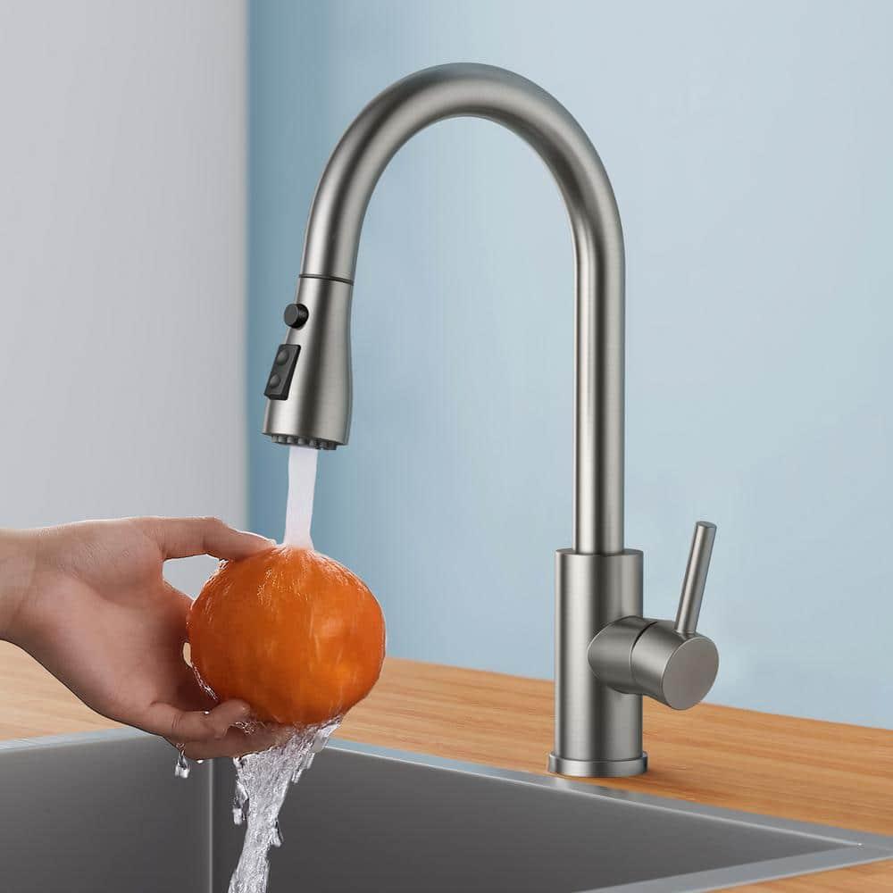 FORIOUS Kitchen Faucet with Pull Down Sprayer, Brushed Nickel, Bar High Arc Single Handle Traditional 3 Modes Stainless Steel Faucet for Kitchen Sink Farmhouse RV Laundry Camper