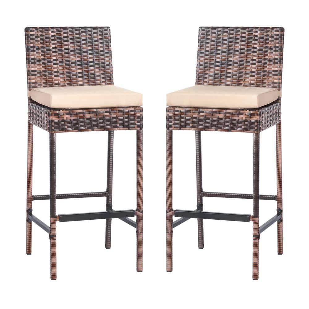 Off-white Cushioned Iron and Rattan Outdoor Bar Stools, Set of 2