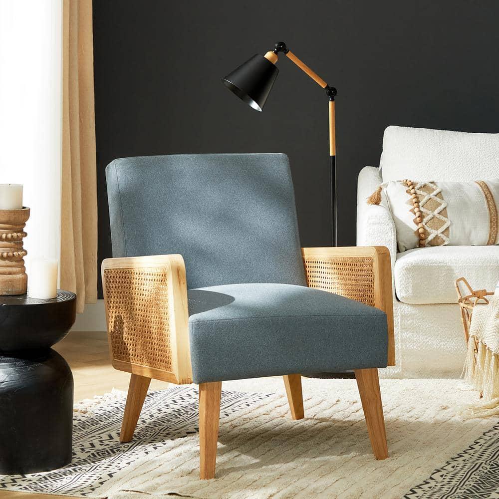 Farmhouse Accent Chair Rattan Armrests Fabric Upholstered Wooden Reading Armchair Living Bedroom Blue