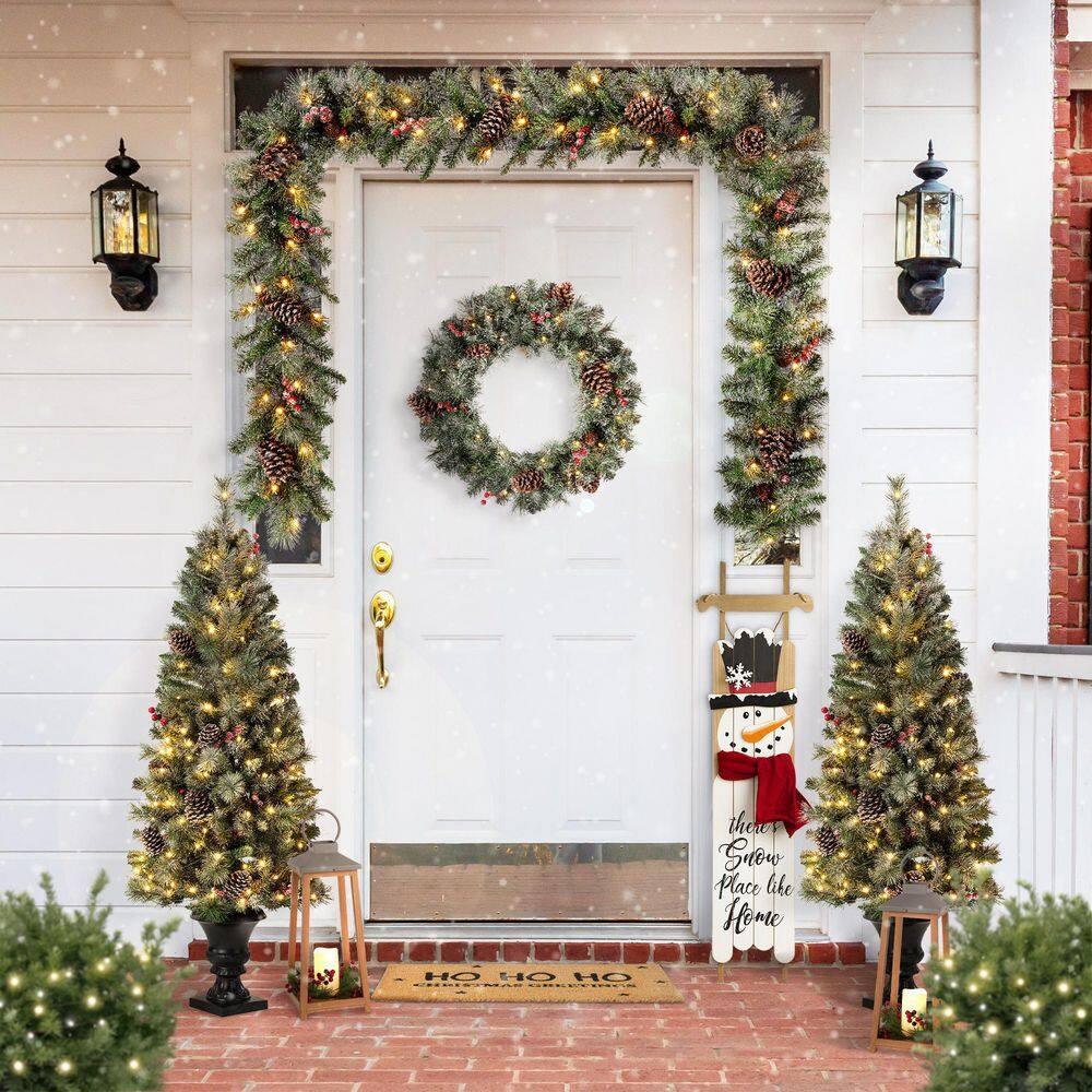 Glitzhome Wooden Welcome Sign for Front Door Porch Farmhouse Christmas Wall Hanging Snowman Sign Primitive Porch Sign for Christmas Festivals, 42”H