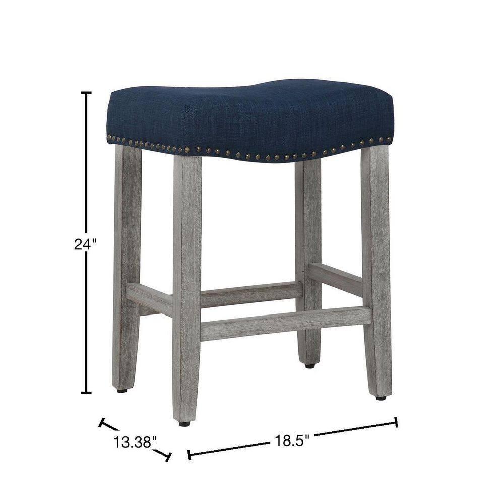 Polytrends Jameson Upholstered Polyester 24" Counter Stool - Gray Legs/ Saddle Seat Antique Gray/Navy Blue Wood Wood Foam 250lbs