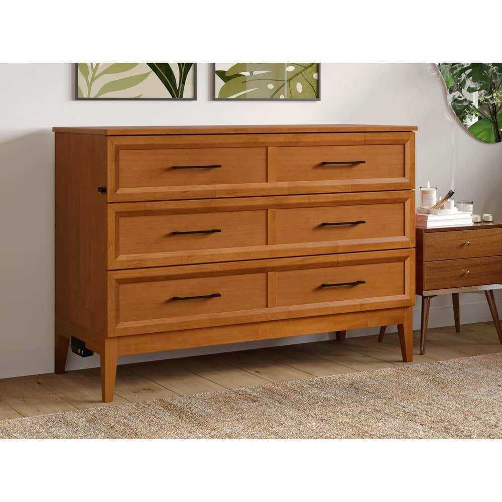AFI Santa Fe Full Wood Murphy Bed Chest with Mattress and Built-in Charger, Light Toffee