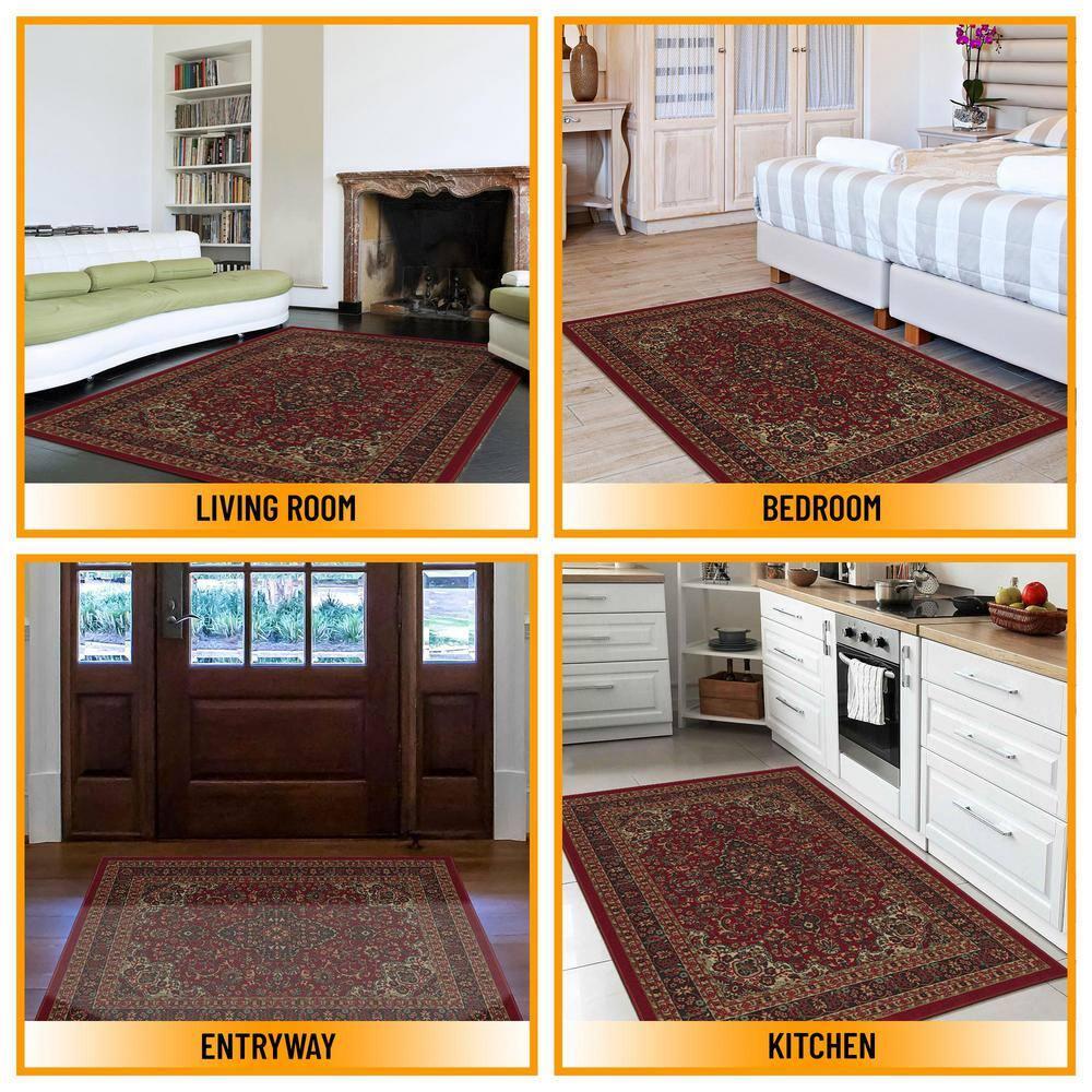 Ottohome Non-Slip Medallion Oriental Area Rug For Living Room, Hallway, Entryway Rug, Dark Red