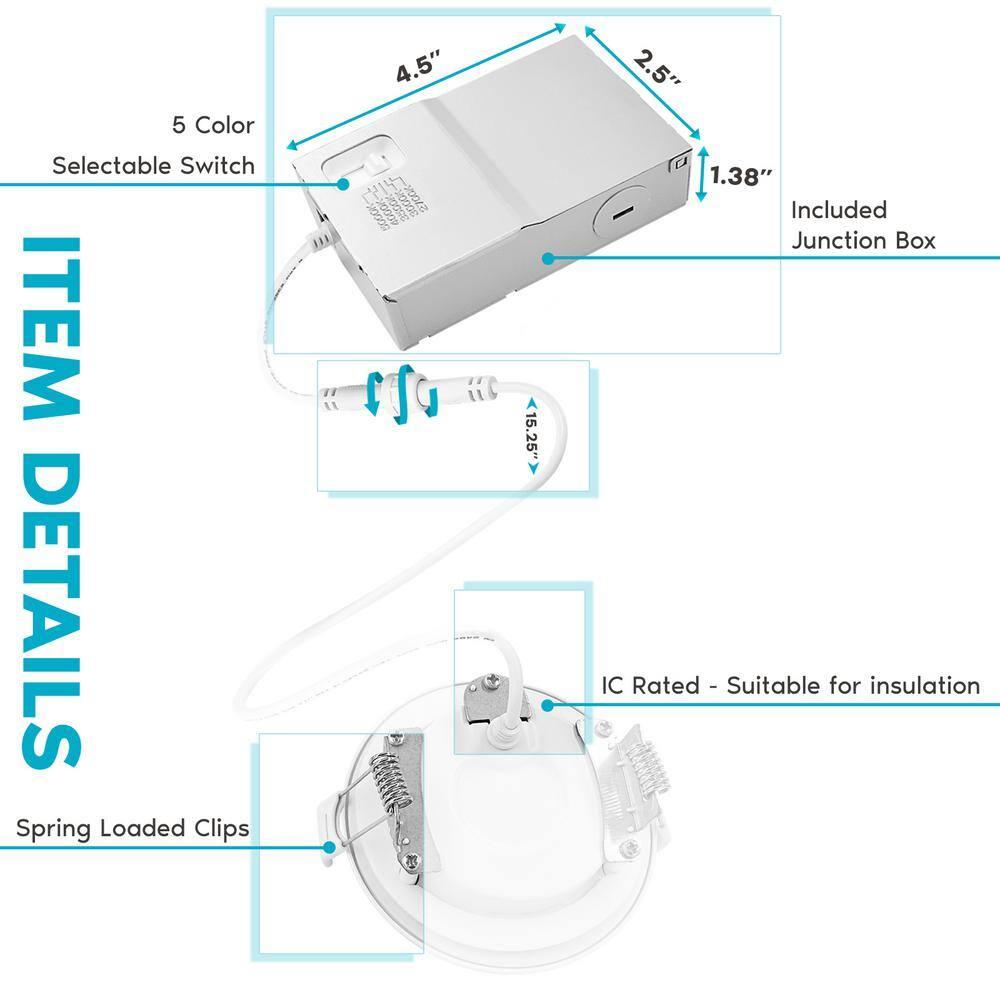 Luxrite 3 Inch Ultra Thin LED Recessed Light J-Box 6W 5 Color Options Dimmable 400 Lumens IC Rated Baffle