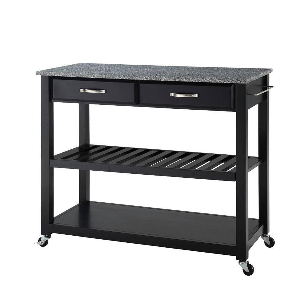 Solid Granite Top Kitchen Cart/Island with Optional Stool Storage - Black - Crosley: Wheeled with Storage Shelves