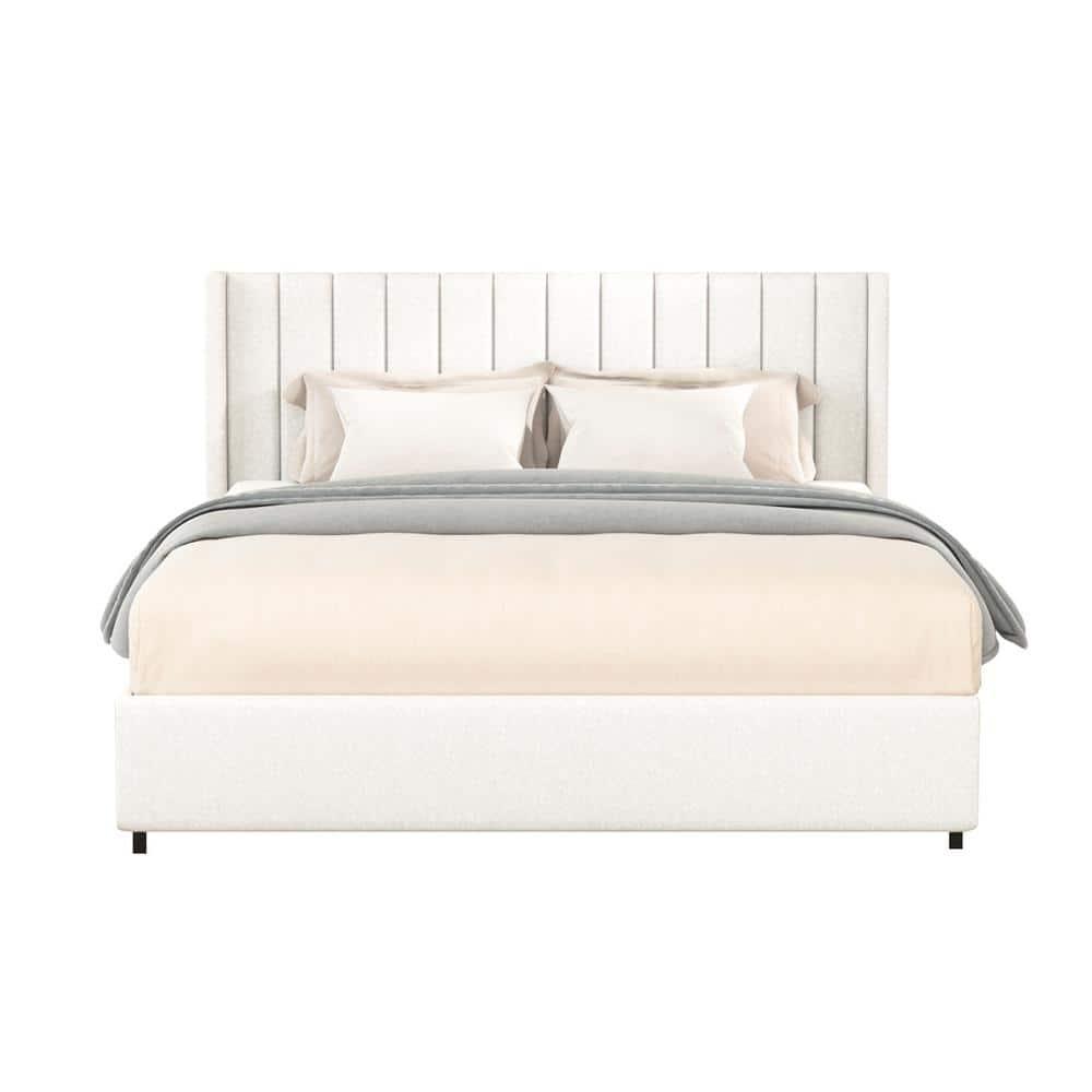 imerelez Anda Queen Size Ivory Boucle Upholstered Platform Bed with Patented 4 Drawers Storage, Tufted Headboard, Wooden Slat Mattress Support, No Box Spring Needed