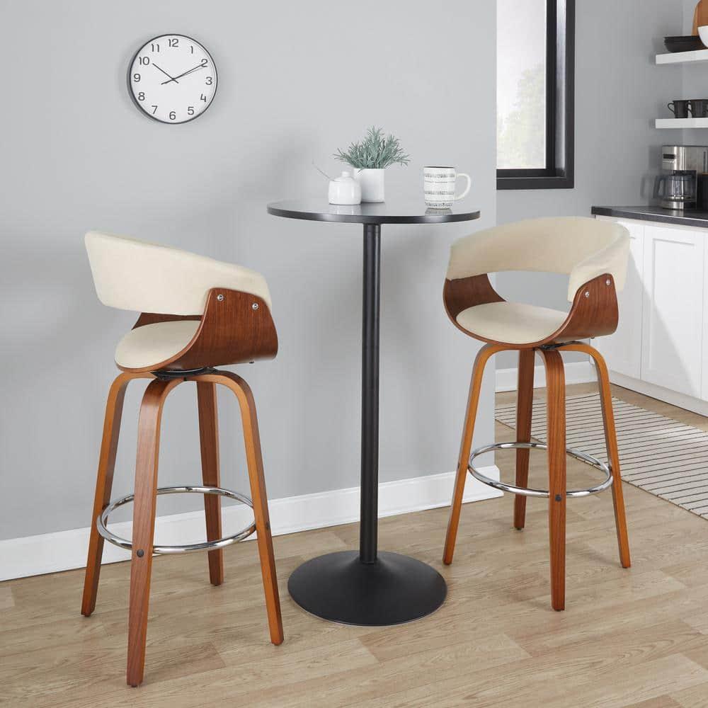 LumiSource Set of 2 Vintage Modern Barstools Walnut/Chrome/Cream: Upholstered Swivel Chairs with Footrest