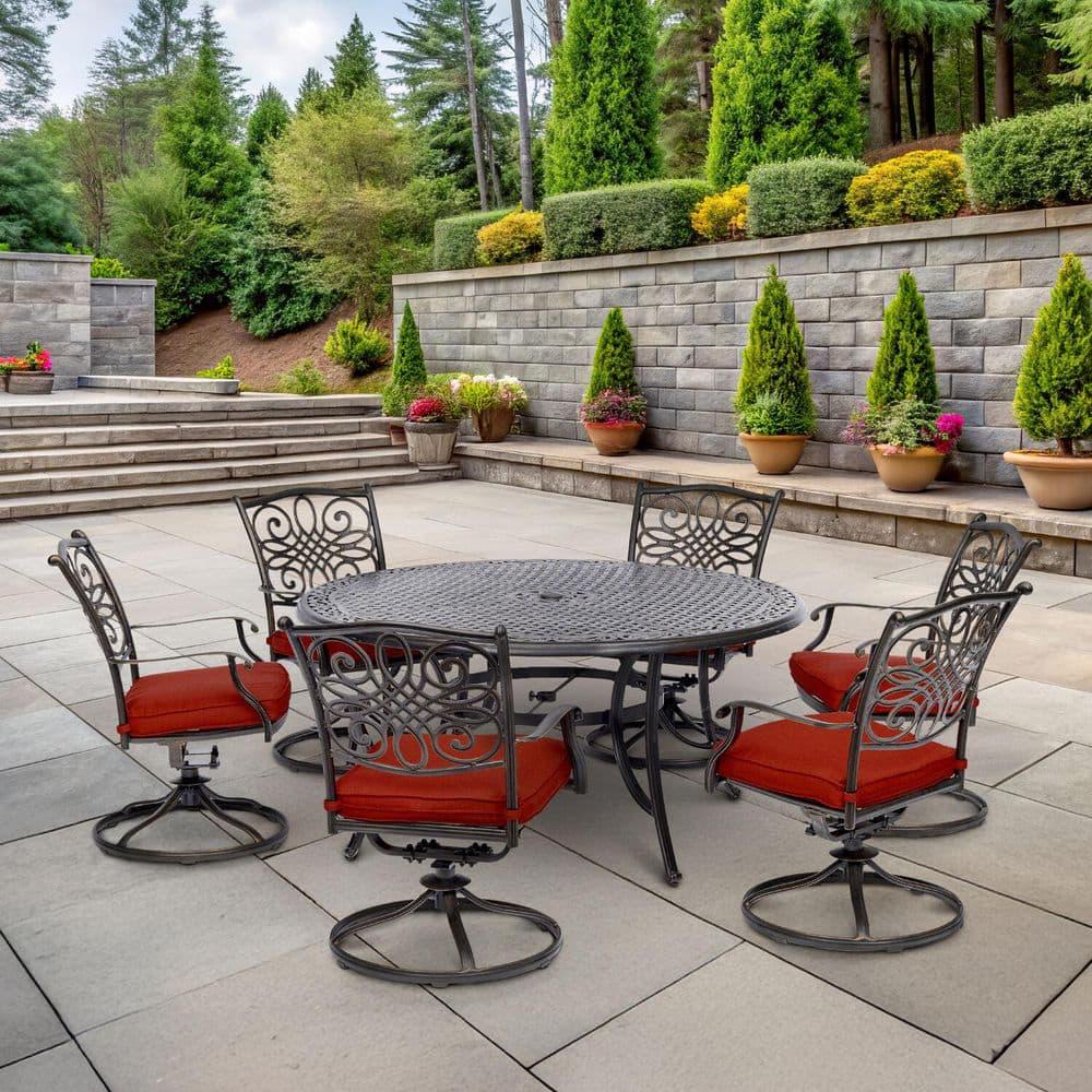 Hanover Traditions 7 Pcs Aluminum Outdoor Dining Set with Cast-top Table, Red