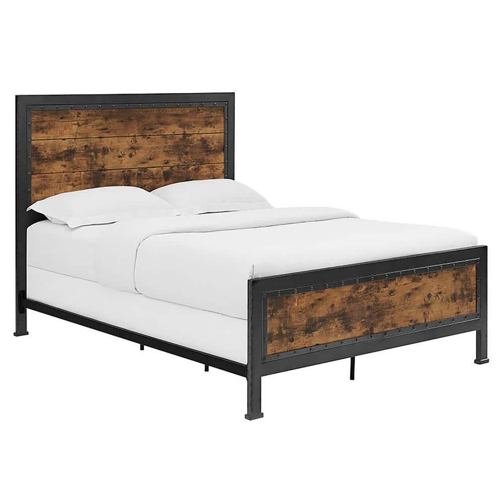 Walker Edison Queen Size Industrial Wood and Metal Bed - Brown