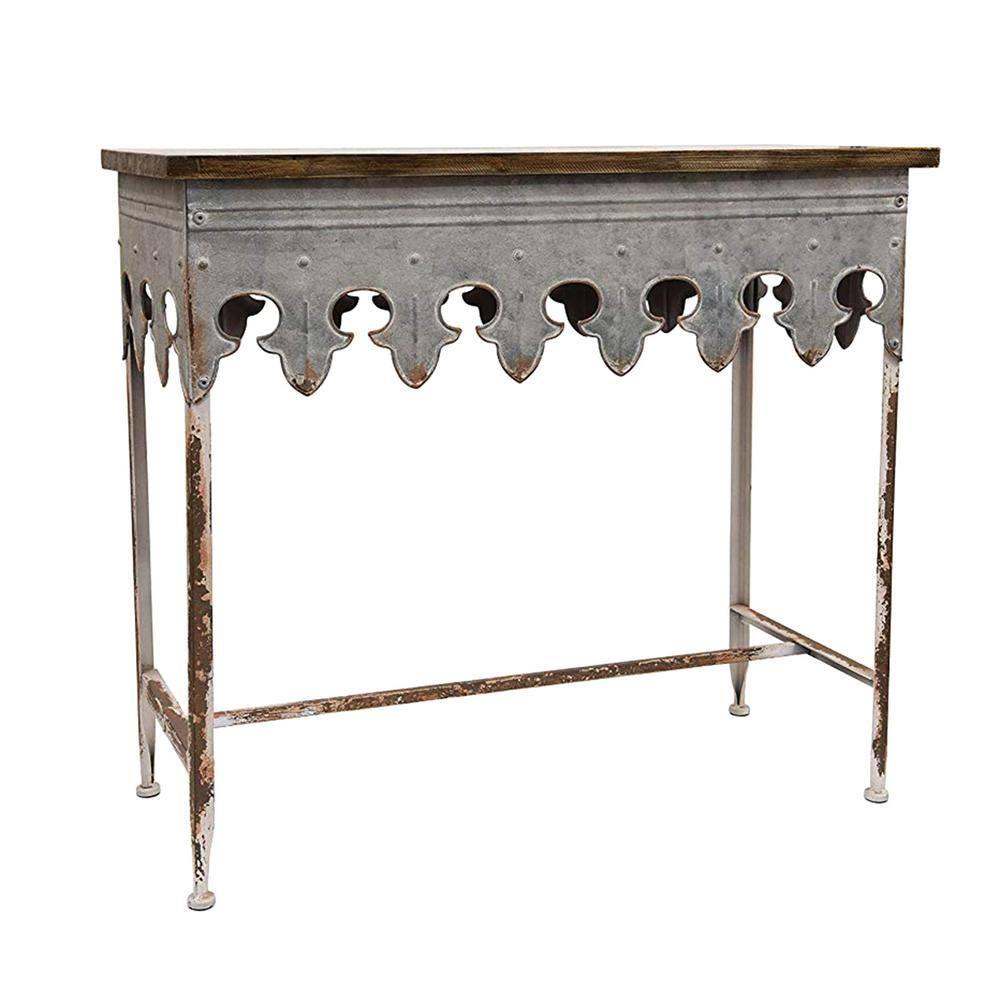 Storied Home Scalloped Sofa Table Silver: Farmhouse Zinc-Finish, Fir Wood Top, 44 lbs Capacity