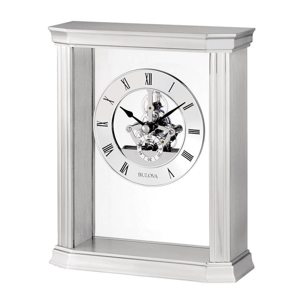 Bulova Roman Numeral Stainless Steel Quartz Movement / Crystal Tabletop Clock with Alarm in Silver