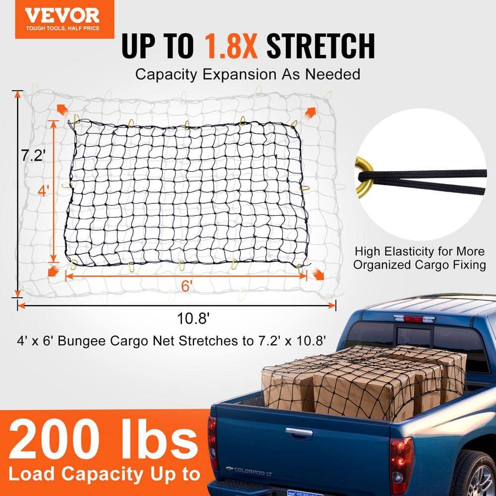 VEVOR Cargo Net for Pickup Truck Bed 4' x 6' Stretches to 7.2' x 10.8', Small 4"x4" Latex Bungee Net Mesh with 12 Steel D-Shaped Carabiners, Storage Bag, Suitable for Pickup, Jeep, SUV, Trailer