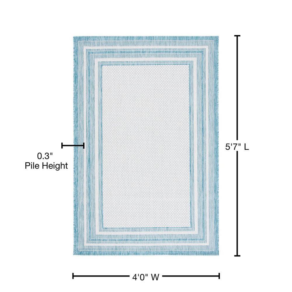 SAFAVIEH Courtyard Ercan Bordered Indoor/Outdoor Area Rug, Ivory/Aqua, 4' x 5'7"